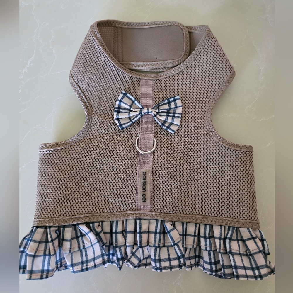 Parisian Works Tan Dog Harness with Blue Plaid Bow - Picture 3 of 11